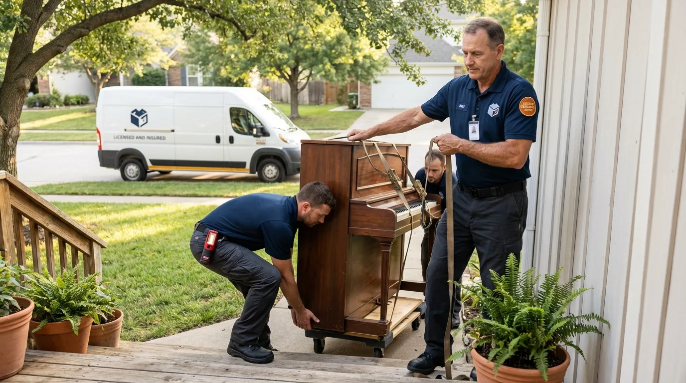 Licensed piano movers securing grand piano in Clive, IA