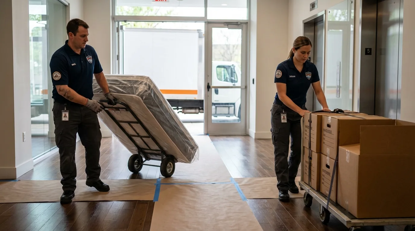 Professional apartment movers loading elevator in Clive, IA