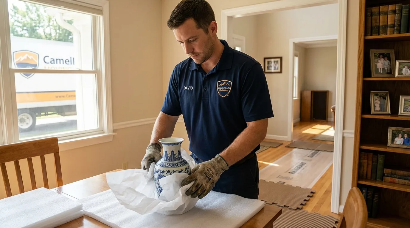 Professional crew carefully wrapping antique vase for senior downsizing move in Clive, IA