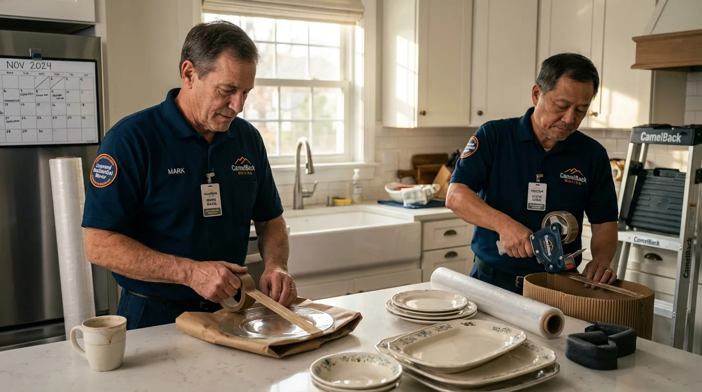 Professional crew packing kitchen dishware in Clive, IA
